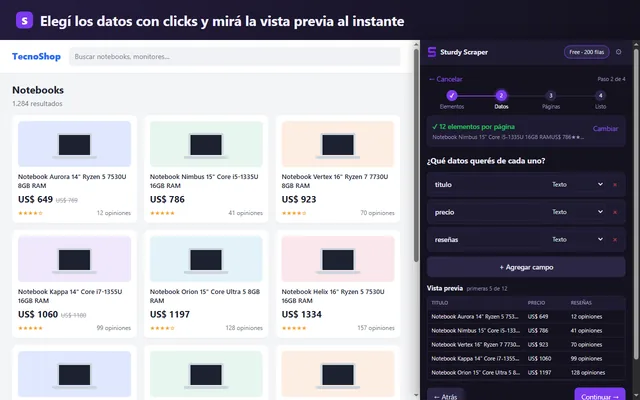 Los campos se eligen con clicks y la vista previa muestra los datos al instante